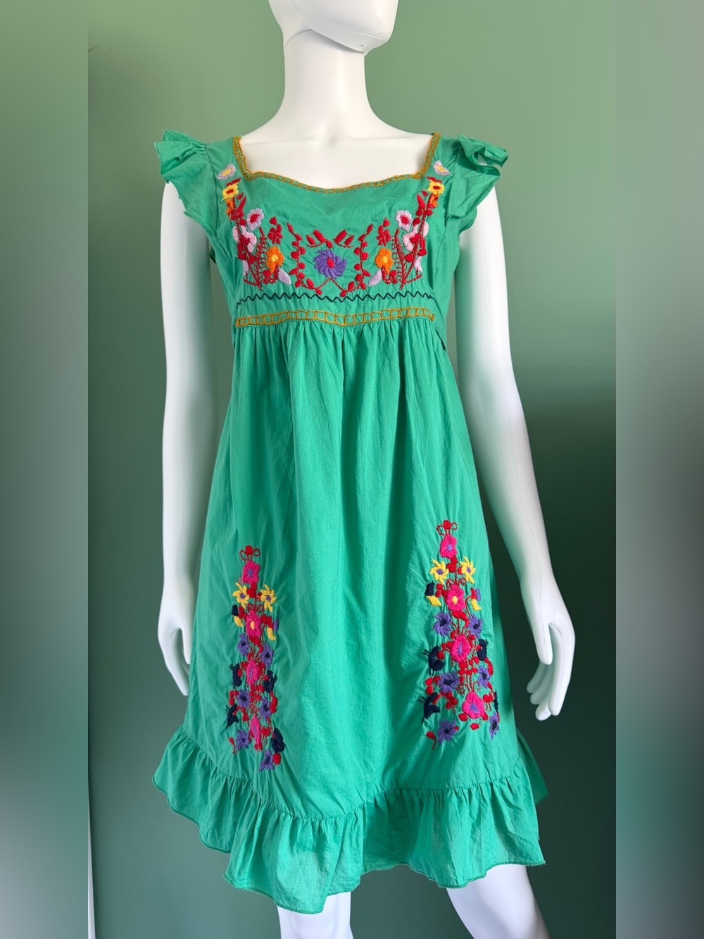 Sam & Max Green Embroidered Flutter-Sleeve Babydoll Dress